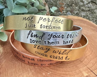 Custom Metal Bracelet Personalized Cuff Jewelry Gift Inspirational Quote Scripture Design Copper Mantra Encouragement Message Hand Stamped