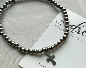 Stainless Steel Bracelet Cross Charm Christian Jewelry Beaded Stretch Church Merch Everyday Wear Religious Dainty Design Minimalist