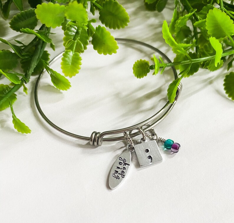 Suicide Awareness Collection Jewelry; semi colon bracelet; keep going; bangle; mental health symbol of hope; gift for friend