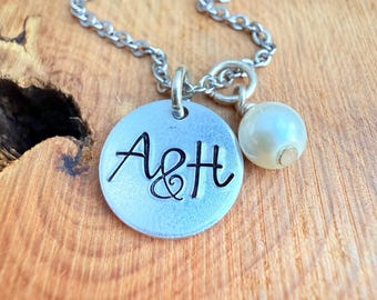 Initial Disc Necklace Gift Idea for Couple Initial Pendant Pearl Charm Initial Necklace for Anniversary Gift Jewelry Pearl Accent Initial