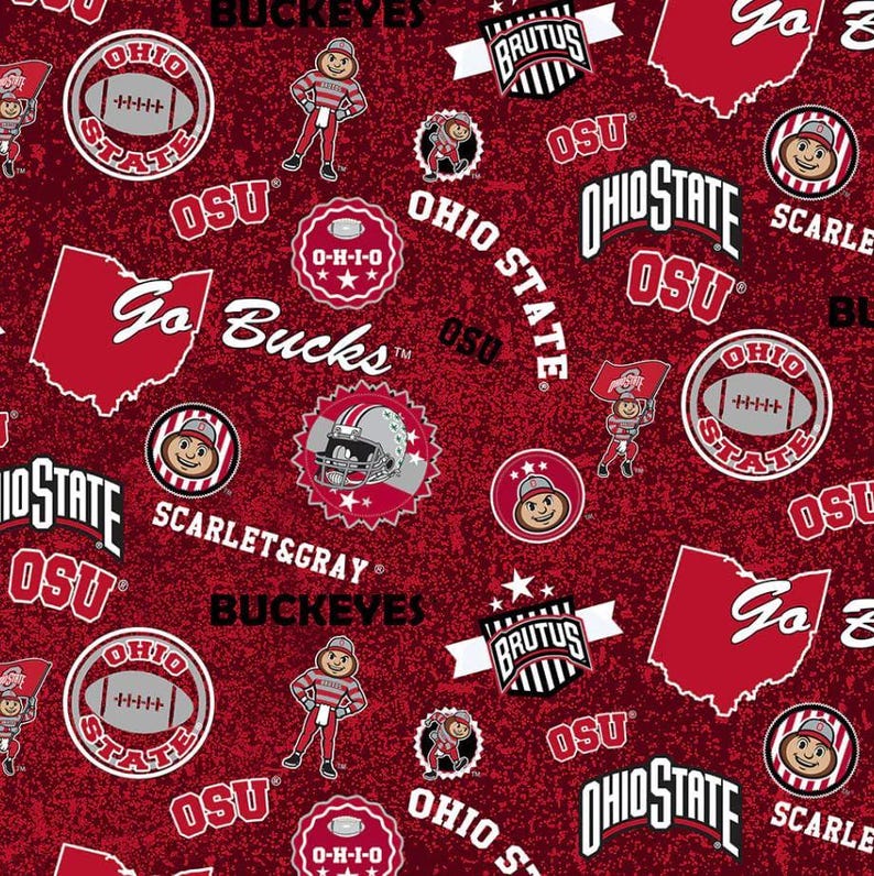 May include: A dark red fabric featuring a repeating pattern of Ohio State University graphics, including the Brutus Buckeye mascot, footballs, the state of Ohio outline, the text Go Bucks, OSU, and the Ohio State logo in white, black, and gray.