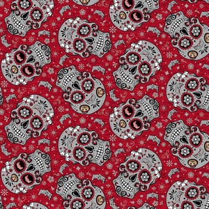 May include: A red fabric featuring a repeating pattern of grey sugar skulls decorated with white flowers, black swirls, and the text Ohio State. The skulls are oriented in various directions across the vibrant red background.