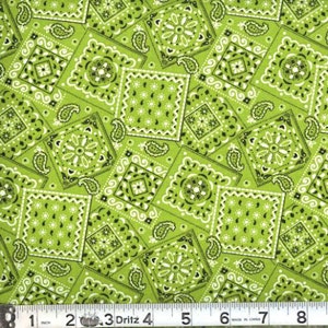 May include: Green fabric with a repeating pattern of white and black paisley and bandana designs.