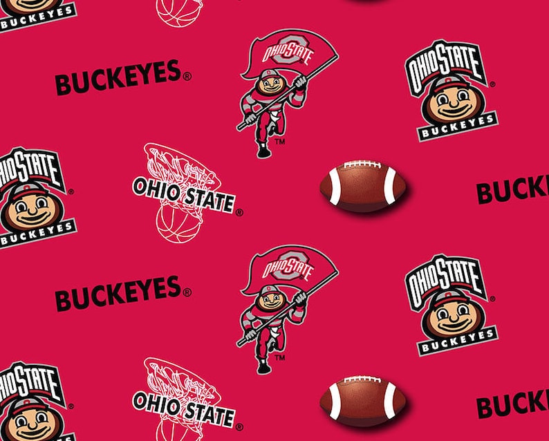 May include: A vibrant red fabric pattern featuring the Ohio State Buckeyes logo, the mascot Brutus Buckeye holding a flag, brown footballs, and white line-art basketball hoops. The text BUCKEYES and OHIO STATE is repeated throughout the design.