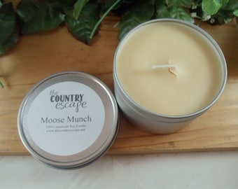 8 oz Moose Munch Soy Candle in Metal Tin - A Great Holiday Fragrance- Strong Scent Throw