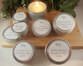 Relaxing Massage and Lotion Candles w/ Jojoba Oil- Shea & Cocoa Butters - Hostess Gift - Party Favor - Bridal Shower Gift