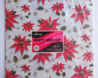 Vintage Christmas Gift Wrap, Poinsettia Wrapping Paper