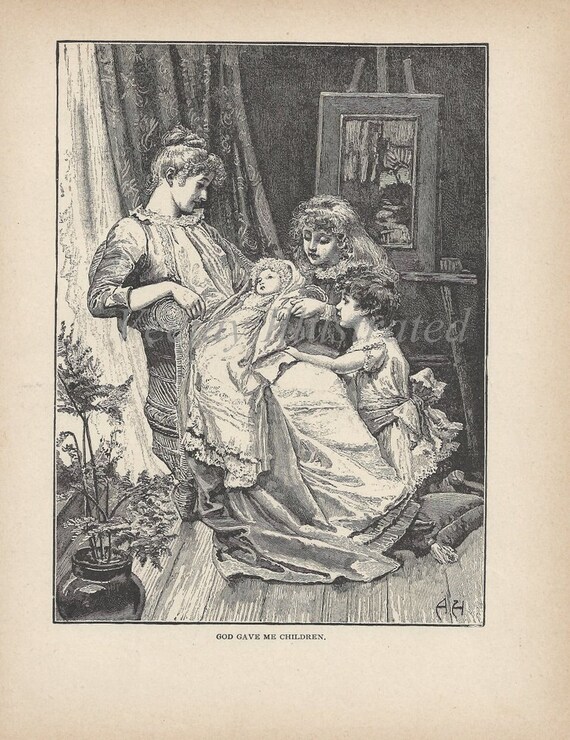 Victorian Lady Gathering Flowers Antique 1884 Book Illustration