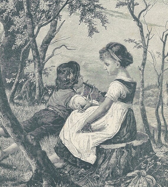 Victorian Lady Gathering Flowers Antique 1884 Book Illustration
