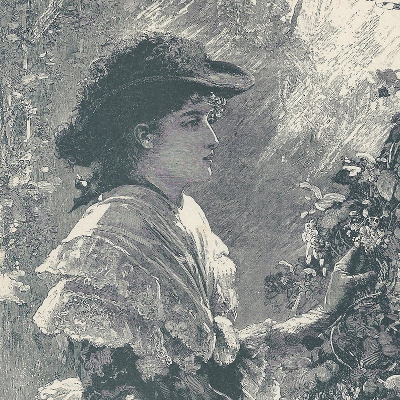 Victorian Lady Gathering Flowers Antique 1884 Book Illustration