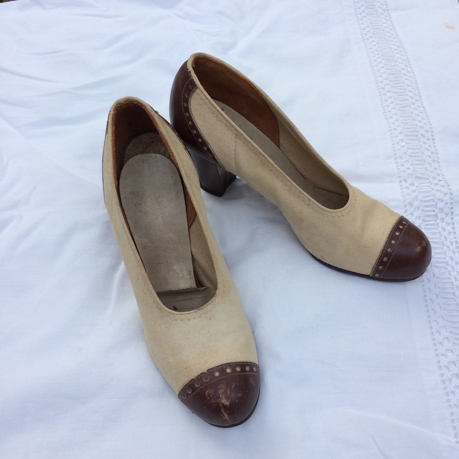Cream colored 1930s spectator shoes canvas and leather Cream colored 1930s spectator shoes canvas and leather