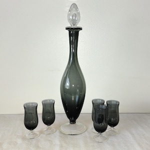 Mid-Century Empoli Glass Decanter with Five Matching Cordial Liqour Glasses