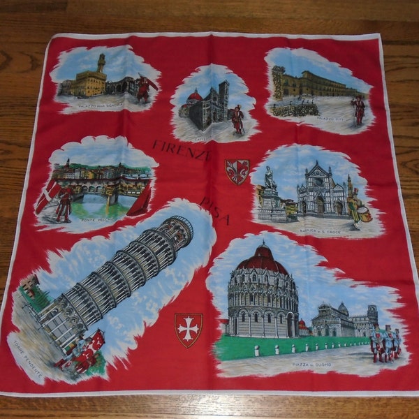 Italian Souvenir Scarf 100% Polyester Firenze Pisa Square Made In Italy Red