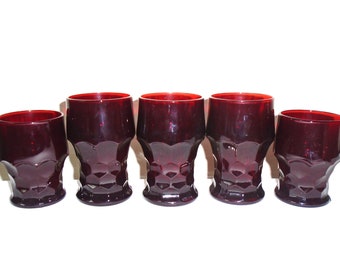 Anchor Hocking Georgian Ruby Glass Tumblers Set of Five 1970s 9oz and 12oz
