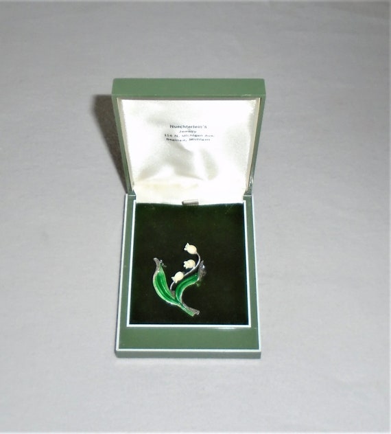 Sterling Silver Enamel Carved Lily of the Valley … - image 1