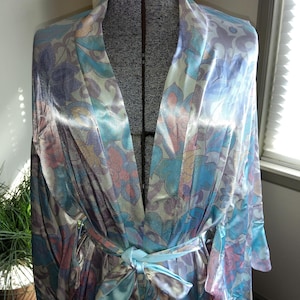 Georgette Trabolsi Long Floral Robe Bell Sleeves Size Large 1980s Made USA