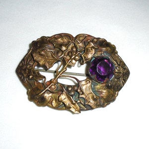 Art Nouveau Brass Amethyst Glass Stone Sash Pin Brooch Antique Jewelry