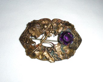 Art Nouveau Brass Amethyst Glass Stone Sash Pin Brooch Antique Jewelry