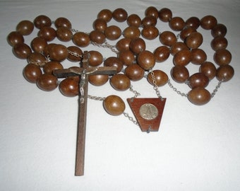 Wood Bead Wall Rosary Catholic Crucifix Cross Virgo Lauretana 65" Long 25mm Beads