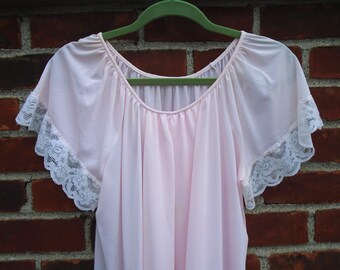 1960s Society Nightgown Nightie Pale Pink Size L Lace Trim Vintage Sleepwear