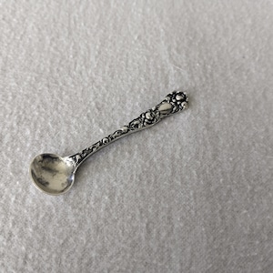 May include: A small silver-toned metal spoon featuring an intricate embossed floral and vine pattern along the handle. The bowl of the spoon is smooth and reflective, while the handle displays detailed relief work with darkened recessed areas.