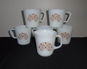 Pyrex Corelle Summer Impressions 8OZ Mugs Ginger Brown 1983 Set of 5 Milk Glass