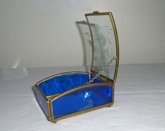 Cobalt Blue Glass Brass Footed Trinket Box Mirrored Mexico Vintage Jewelry Box