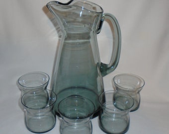 Mid Century Blown Glass Smokey Cocktail Pitcher & Five Glasses Vintage Barware