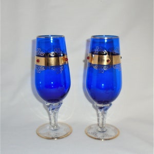Czech Bohemian Blue Gold Jeweled Champagne Glasses Vintage Set of 2