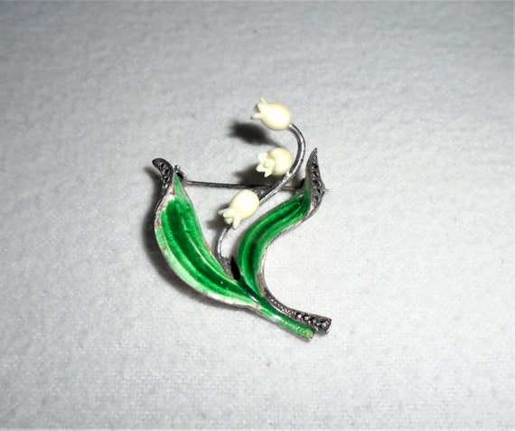 Sterling Silver Enamel Carved Lily of the Valley … - image 2