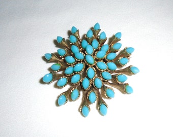 Joseph Mazer Jomaz Brushed Gold Tone and Turquoise Glass Brooch Unsigned Vintage