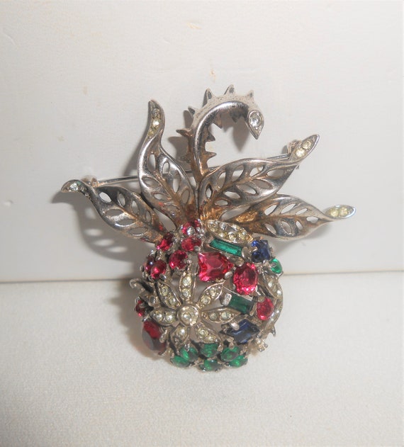 1940/'s Trifari Signed Patent Pending Floral Silver Tone Rhinestone Brooch Pin