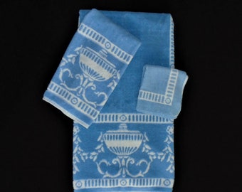 Martex Bath Towel Set 1980s Roman Greek Blue 3 Piece Vintage Made In The USA