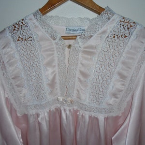 Christian Dior Pink Lace Nightgown Long Sleeves Size Large Lounge Dress 1970s