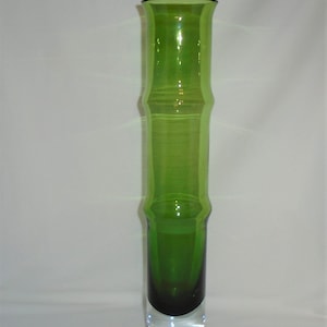 Bamboo Vase Tall Green Art Glass 13" Mid Century Glass Decor