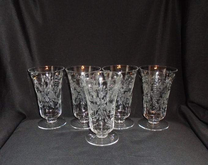 Etched Optic Iced Tea Glasses Set of 5 Clear Depression Glass Parfait