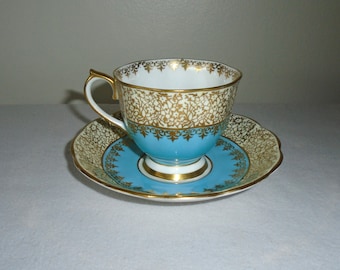 Royal Albert Teacup and Saucer Turquoise With Gold Filigree Vintage