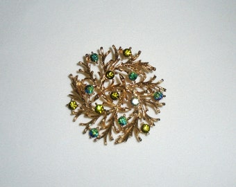 Lisner Rhinestone Brooch Pin Green Arora Borealis Vintage Jewelry
