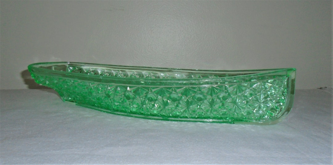Uranium Glass Daisy & Button Canoe Boat Tray EAPG Glowing Etsy