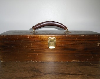 Nega File Wood Lantern Slide Vintage Storage Box Leather Handle Rustic Chippy