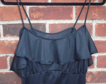 Roamans Black Night Gown Ruffled Long Size 38/40 Vintage Nylon Lingerie 1980s