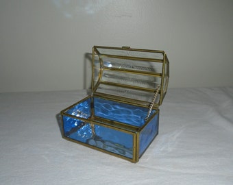 Blue Glass Jewelry Casket Footed Trinket Box Brass Treasure Chest Mirror Bottom Vintage