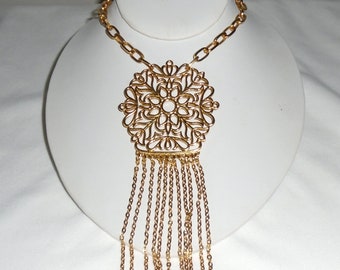 Trifari Necklace Fringed Medallion With Tulips Vintage Statement Jewelry