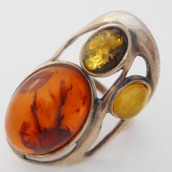 Amber Ring Sterling Silver Amber & Yellow Size 9