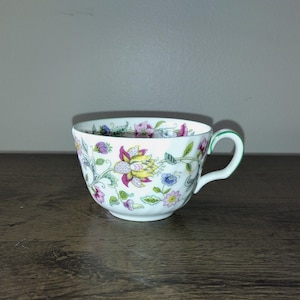 Minton Haddon Hall Chintz Swirl Flat Coffee Cup Bone China England Green Trim