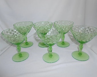 Uranium Dimpled Champagne Cocktail Glasses Vintage Green Glowing Glass Set of 6