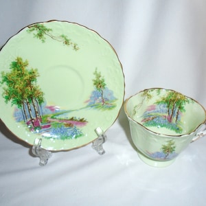 Aynsley Footed Teacup & Saucer Green Woods Woodland Scene Vintage English China