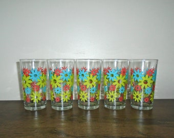 Flower Power Glass Tumblers Vintage Set of 5 Drinking Glasses Multicolor Daisies