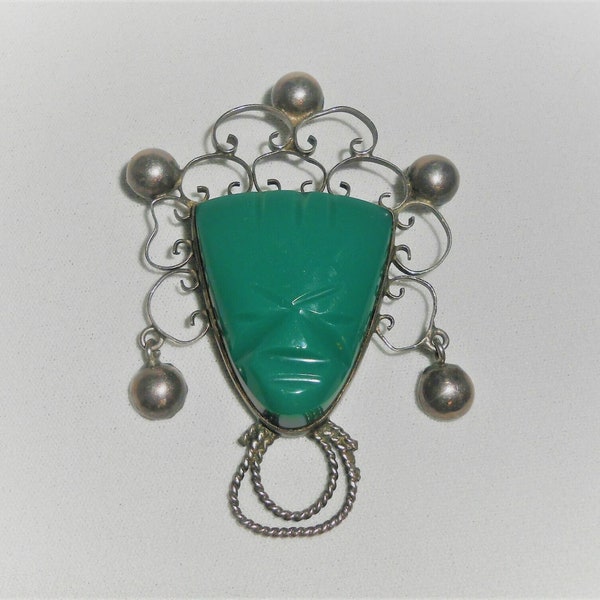 Vintage 40s Taxco 980 Silver Brooch Olmec Aztec Jade Face Mask Pin