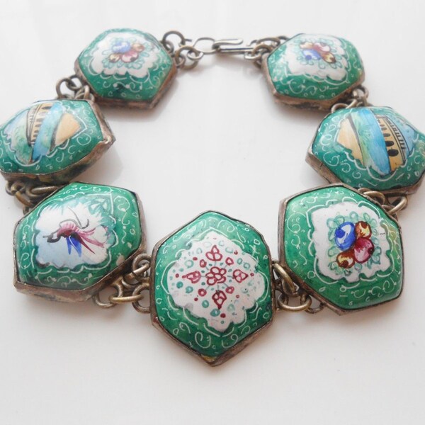 Guilloché Enamel Panel Bracelet Vintage Bridges Birds Flowers 7"